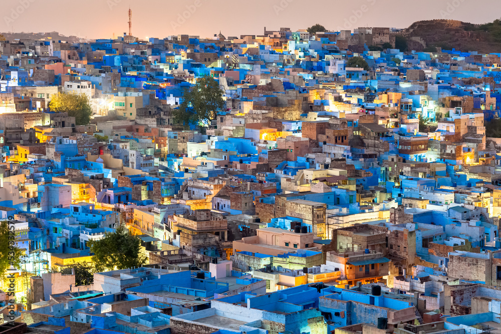 Jodhpur, the Blue City, at night, skyline, rooftops and patchwork of blue houses, seen from Pachetia Hill, Rajasthan, India