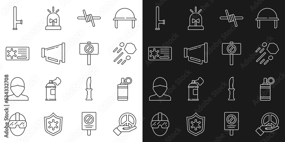 Set line Peace, Hand grenade, Flying stone, Barbed wire, Megaphone, Police badge, rubber baton and Protest icon. Vector