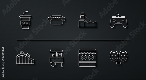 Set line Paper glass with water, Roller coaster, Gamepad, Shooting gallery, Fast street food cart, Hotdog, Comedy and tragedy masks and Water slide icon. Vector