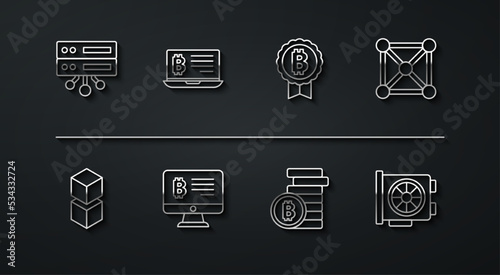 Set line Server, Blockchain technology, Bitcoin, Mining bitcoin from monitor, laptop, Video graphic card and icon. Vector