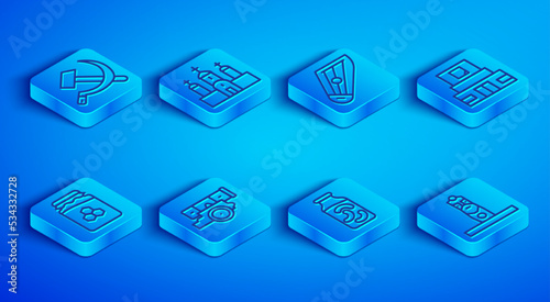 Set line Hammer and sickle USSR, Church building, Kankles, Cannon, Pickled cucumbers jar, Mausoleum of Lenin, Jar honey and Slavic pagan idol icon. Vector