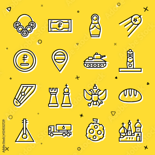 Set line Saint Basil's Cathedral, Bread loaf, Slavic pagan idol, Russian doll matryoshka, Location, Rouble, ruble currency, bagels and Military tank icon. Vector