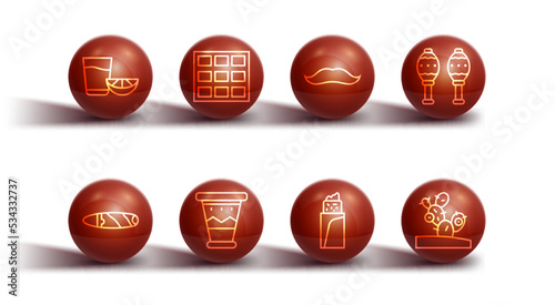 Set line Tequila glass with lemon, Cigar, Maracas, Burrito, Mexican drum, Chocolate bar, Cactus and Mustache icon. Vector