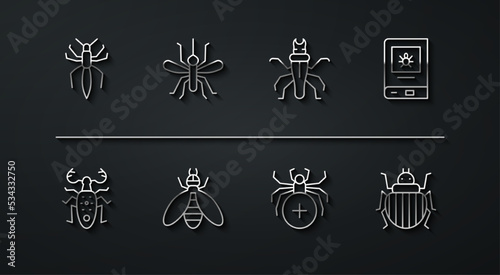 Set line Spider, Beetle deer, Book about insect, Mosquito, Colorado beetle and Termite icon. Vector