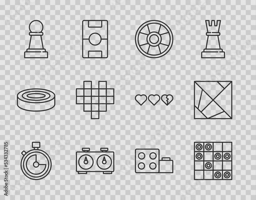 Set line Stopwatch, Board game of checkers, Casino chip, Time chess clock, Chess, Pixel hearts for, Toy building block bricks and Rubik cube icon. Vector