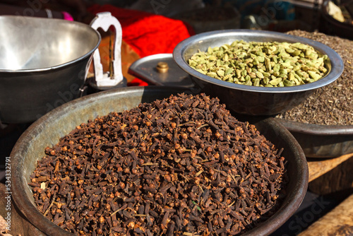 Cloves and cardamom for sale at the Indian market