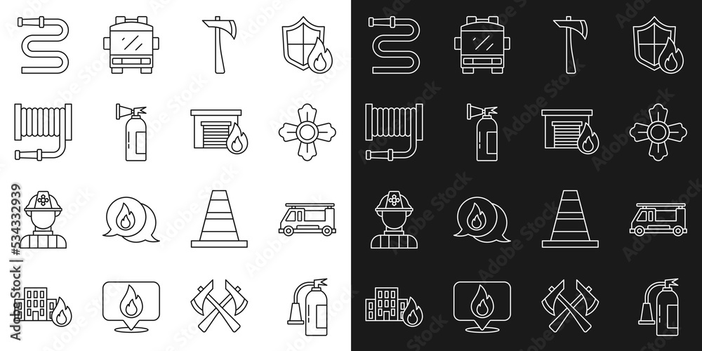 Set line Fire extinguisher, truck, Firefighter, axe, hose reel, and burning garage icon. Vector