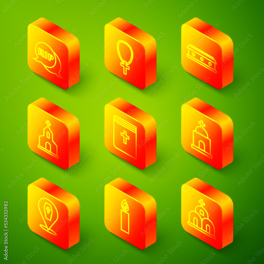 Set line Speech bubble rip death, Christian cross on chain, Coffin with, Church building, Holy bible book, Old crypt, and Burning candle icon. Vector Set line Speech bubble rip death, Christian cross on chain, Coffin with, Church building, Holy bible book, Old crypt, and Burning candle icon. Vector