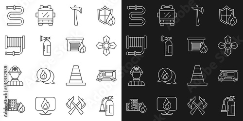 Set line Fire extinguisher, truck, Firefighter, axe, hose reel, and burning garage icon. Vector