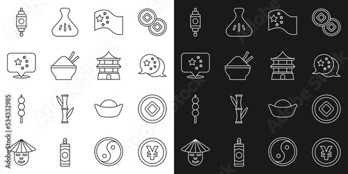 Set line Chinese Yuan currency, China flag, Rice bowl with chopstick, paper lantern and house icon. Vector