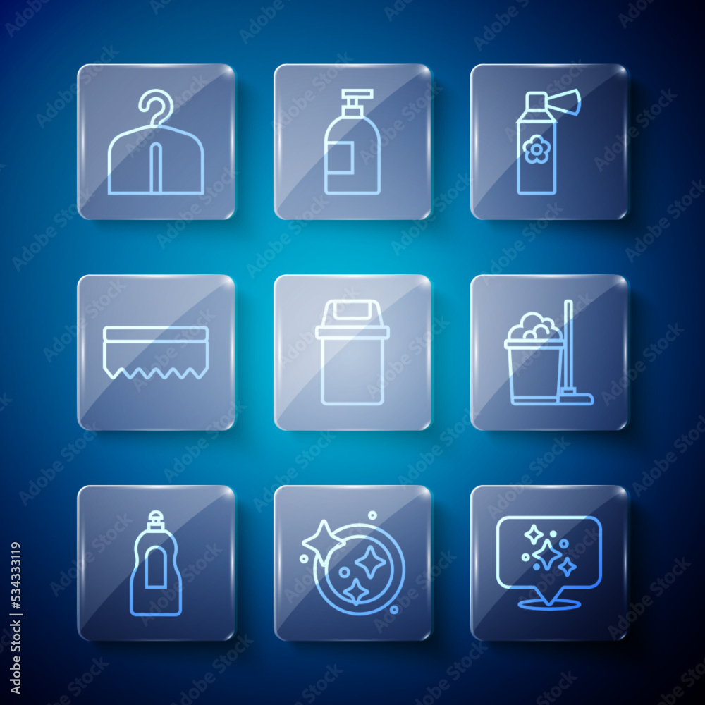 Set line Dishwashing liquid bottle, Washing dishes, Home cleaning service, Air freshener spray, Trash can, Sponge, Hanger wardrobe and Mop and bucket icon. Vector Set line Dishwashing liquid bottle, Washing dishes, Home cleaning service, Air freshener spray, Trash can, Sponge, Hanger wardrobe and Mop and bucket icon. Vector