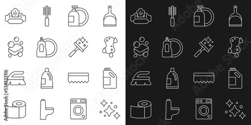 Set line Home cleaning service, Bottle for agent, Sponge, Dishwashing liquid bottle, Bar of soap, Wet wipe pack and Rubber cleaner windows icon. Vector