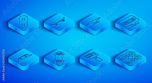 Set line Skateboard, wheel, Longboard or skateboard, Action camera, stairs with rail and icon. Vector