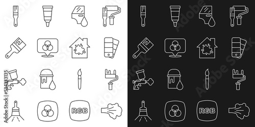 Set line Paint spray, roller brush, Color palette guide, Car painting, RGB and CMYK color mixing, and Painting the house icon. Vector