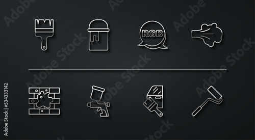 Set line Paint brush, Painting the house, spray, Car painting, gun, bucket, roller and RGB icon. Vector