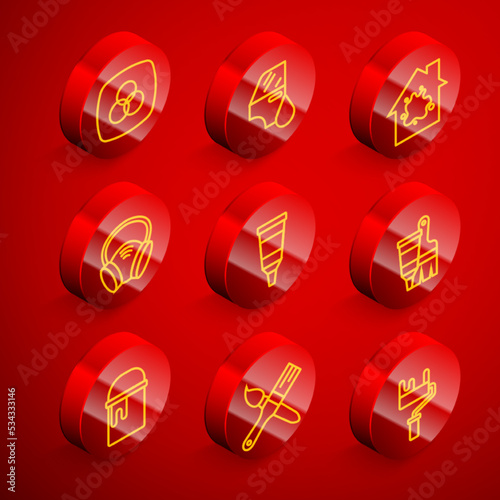Set line RGB and CMYK color mixing, Car painting, Painting the house, Gas mask, Tube with palette, brush, bucket and icon. Vector