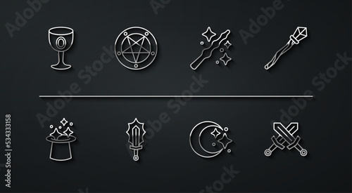 Set line Medieval goblet, Magic hat, staff, Moon and stars, sword in fire, Pentagram circle, Crossed medieval and wand icon. Vector