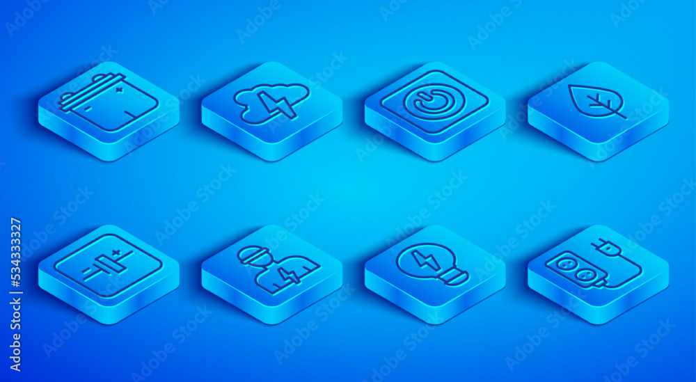 Set line Car battery, Cloud and lightning, Power button, Electrician, Creative lamp idea, Leaf Eco symbol, DC voltage source and extension icon. Vector Set line Car battery, Cloud and lightning, Power button, Electrician, Creative lamp idea, Leaf Eco symbol, DC voltage source and extension icon. Vector