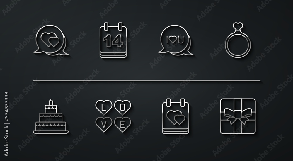 Set line Heart in speech bubble, Wedding cake, rings, Calendar with heart, Love text, February 14, Gift box and Speech I love you icon. Vector Set line Heart in speech bubble, Wedding cake, rings, Calendar with heart, Love text, February 14, Gift box and Speech I love you icon. Vector