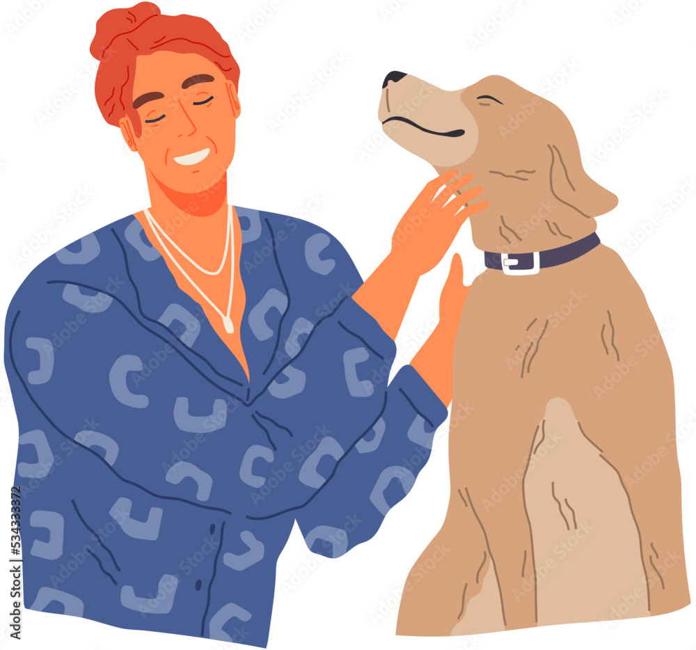 Φωτογραφία Pet owner female character plays with dog strokes his fur with hand