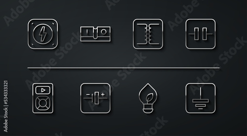 Set line Lightning bolt, Music player, Electrolytic capacitor, bulb with leaf, DC voltage source, Electric light switch, Electrical symbol ground and transformer icon. Vector
