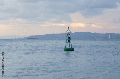 A buoy in the sea, in the background cargo ships and the coast.