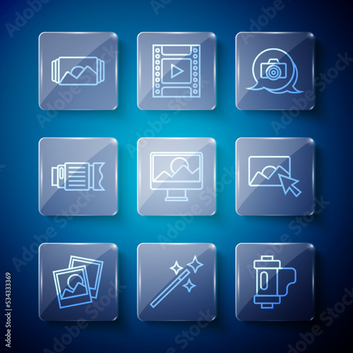 Set line Photo frame, retouching, Camera film roll cartridge, camera, photo lens, and icon. Vector