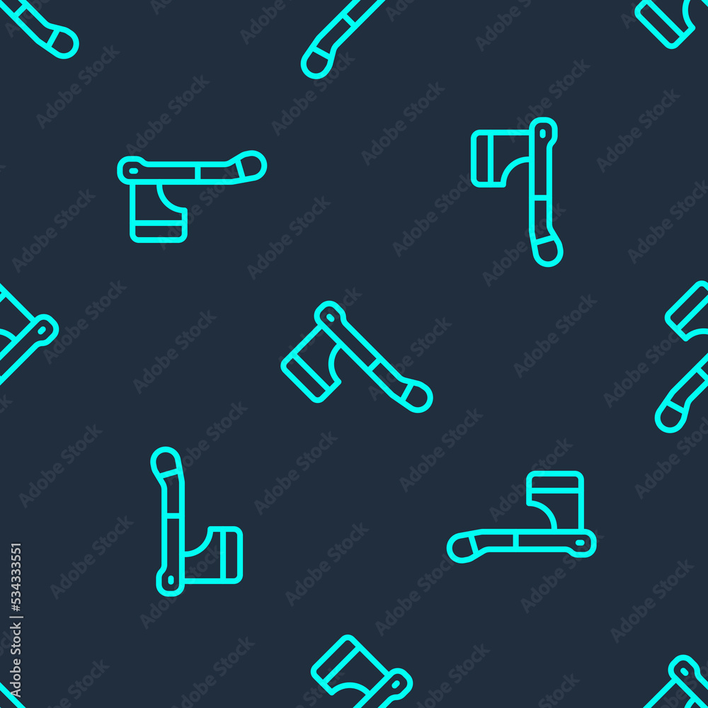 Green line Wooden axe icon isolated seamless pattern on blue background. Lumberjack axe. Happy Halloween party. Vector Green line Wooden axe icon isolated seamless pattern on blue background. Lumberjack axe. Happy Halloween party. Vector