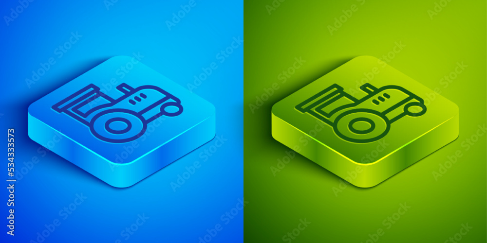 Isometric line Tractor icon isolated on blue and green background. Square button. Vector Isometric line Tractor icon isolated on blue and green background. Square button. Vector