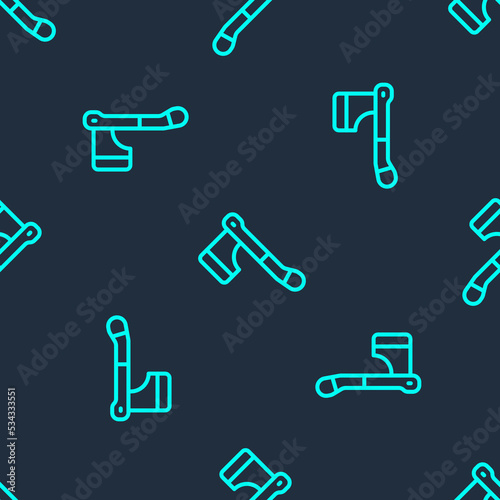 Green line Wooden axe icon isolated seamless pattern on blue background. Lumberjack axe. Happy Halloween party. Vector