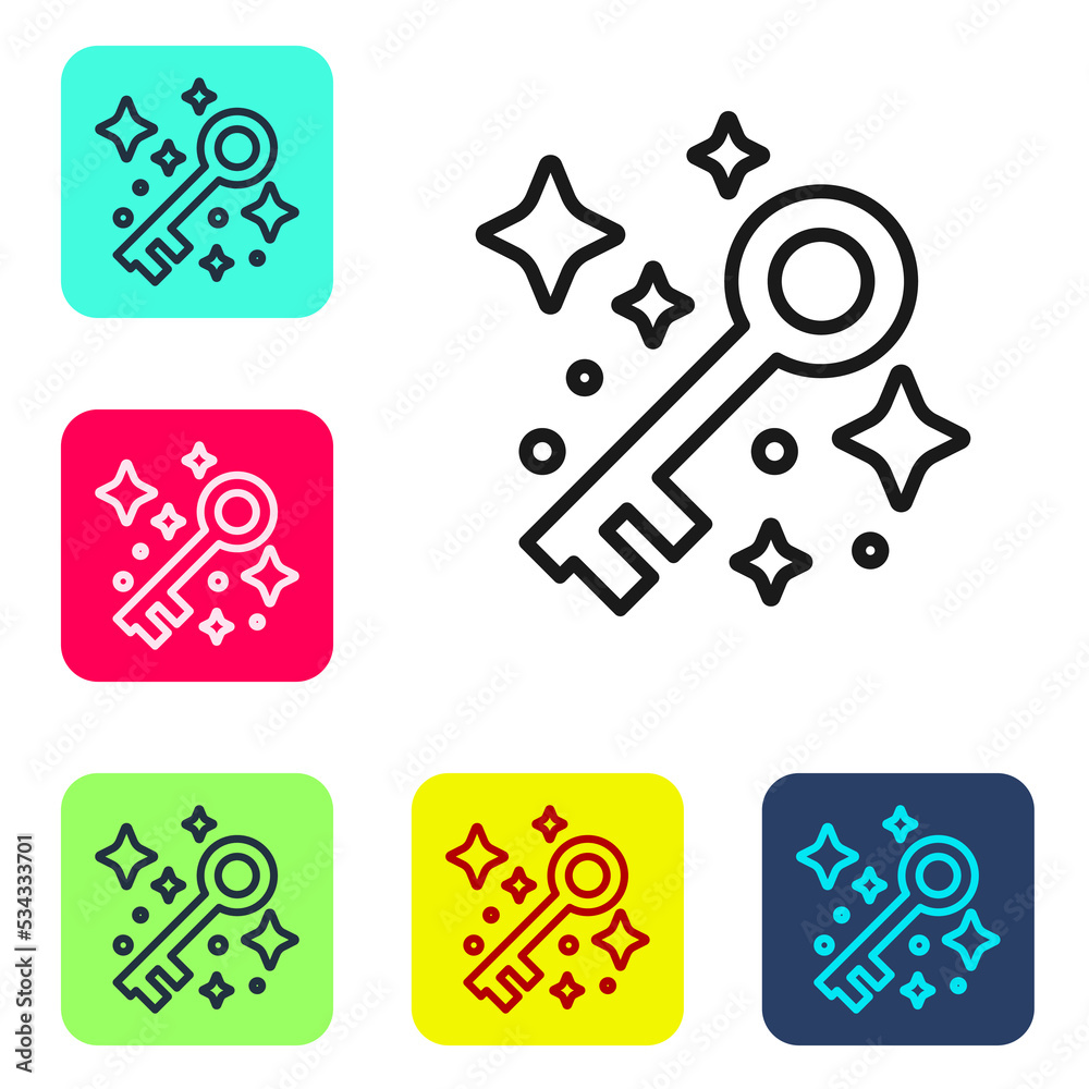 Black line Old magic key icon isolated on white background. Set icons in color square buttons. Vector Black line Old magic key icon isolated on white background. Set icons in color square buttons. Vector