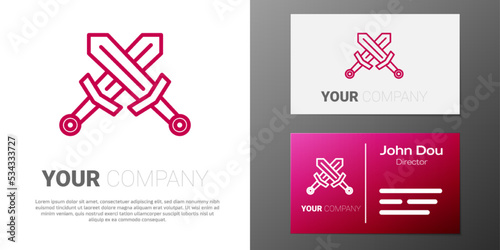 Logotype line Crossed medieval sword icon isolated on white background. Medieval weapon. Logo design template element. Vector