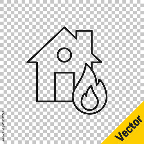 Black line Fire in burning house icon isolated on transparent background. Vector