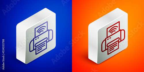 Isometric line Smart printer system icon isolated on blue and orange background. Internet of things concept with wireless connection. Silver square button. Vector