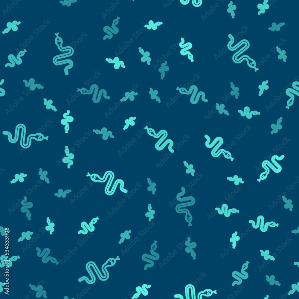 Fototapeta premium Green line Snake icon isolated seamless pattern on blue background. Vector