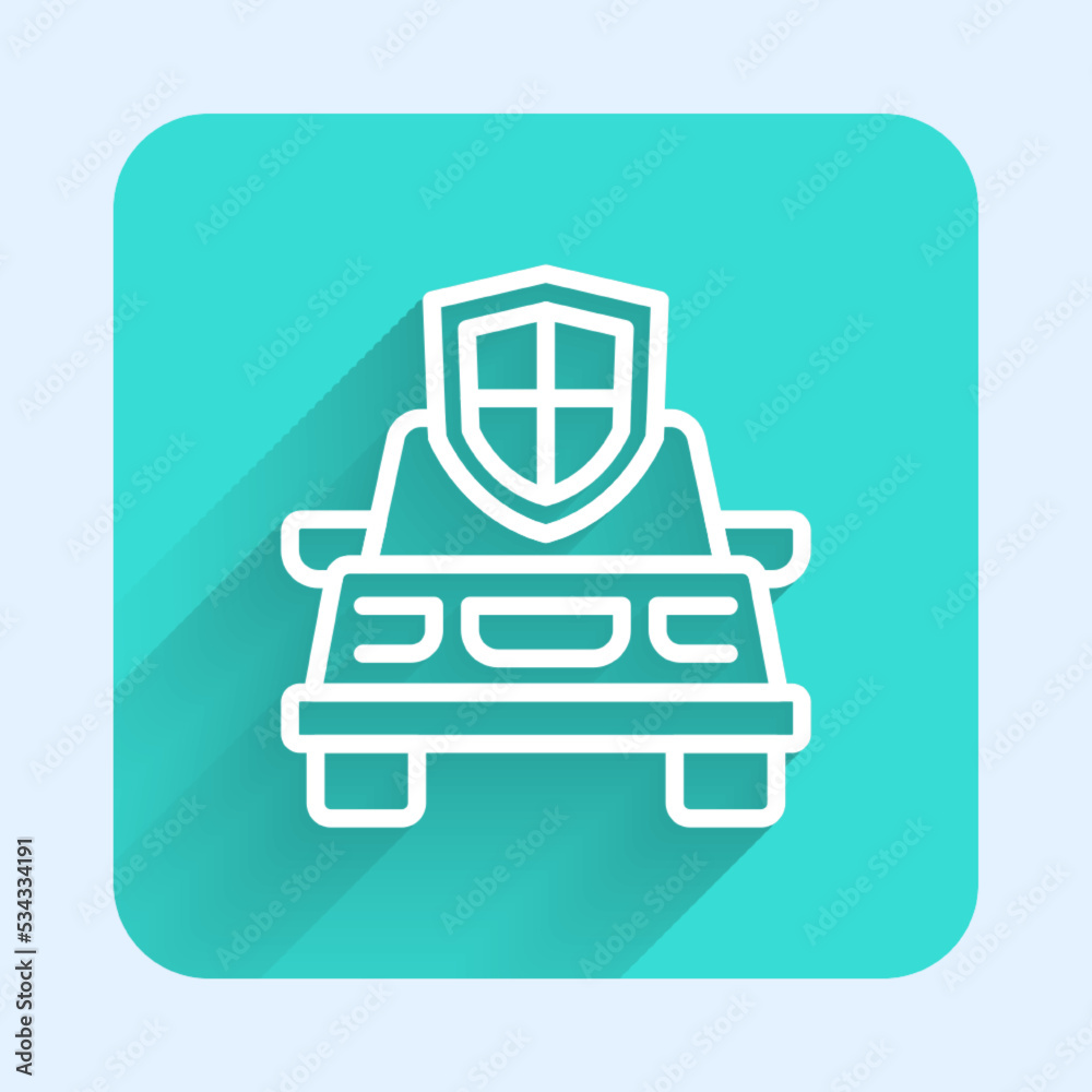 White line Car insurance icon isolated with long shadow background. Insurance concept. Security, safety, protection, protect concept. Green square button. Vector White line Car insurance icon isolated with long shadow background. Insurance concept. Security, safety, protection, protect concept. Green square button. Vector