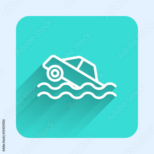 White line Flood car icon isolated with long shadow background. Insurance concept. Flood disaster concept. Security, safety, protection, protect concept. Green square button. Vector