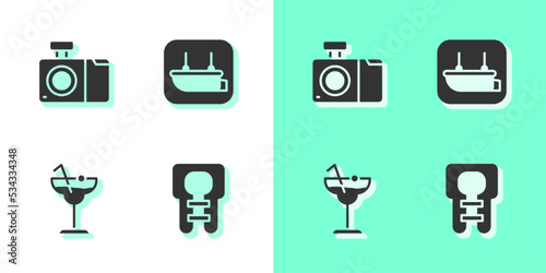 Set Life jacket, Photo camera, Cocktail and Lifeboat icon. Vector