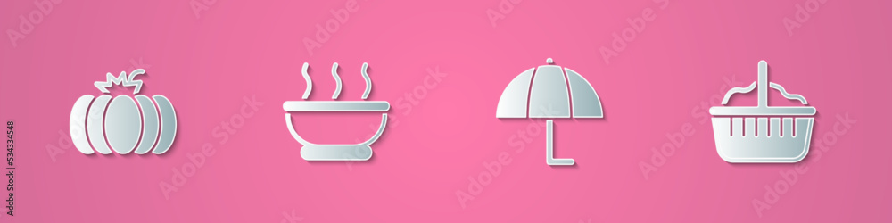 Set paper cut Pumpkin, Bowl of hot soup, Umbrella and Basket icon. Paper art style. Vector Set paper cut Pumpkin, Bowl of hot soup, Umbrella and Basket icon. Paper art style. Vector