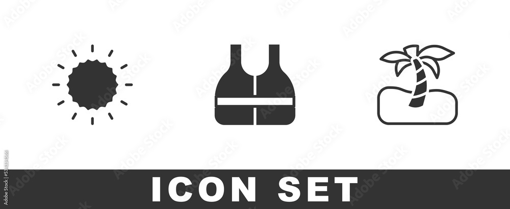 Set Sun, Life jacket and Tropical palm tree icon. Vector Set Sun, Life jacket and Tropical palm tree icon. Vector