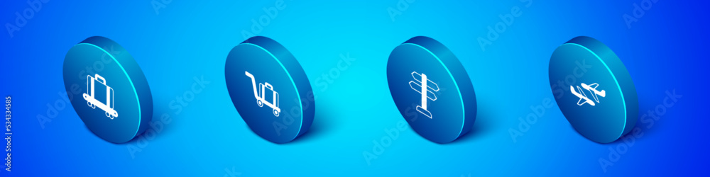 Set Isometric Conveyor belt with suitcase, Road traffic sign, Plane and Trolley baggage icon. Vector Set Isometric Conveyor belt with suitcase, Road traffic sign, Plane and Trolley baggage icon. Vector