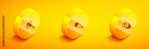 Set Isometric Hairbrush, Electrical hair clipper and razor blade icon. Vector