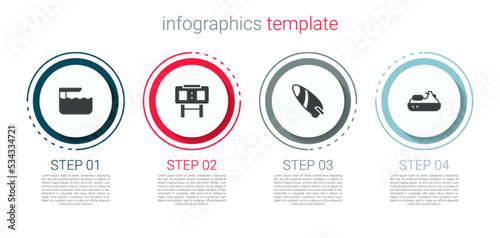 Set Diving board or springboard, Sport mechanical scoreboard, Surfboard and Jet ski. Business infographic template. Vector