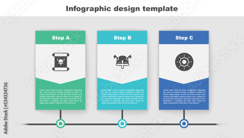 Set Decree, parchment, scroll, Viking in horned helmet and Shield viking. Business infographic template. Vector