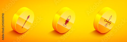 Set Isometric Medieval spear, Fish and arrows icon. Vector