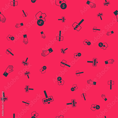 Set Hand holding auction paddle, Auction jewelry sale, and on seamless pattern. Vector
