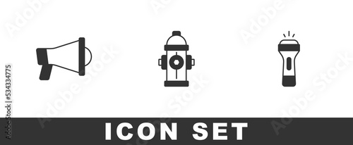 Set Megaphone, Fire hydrant and Flashlight icon. Vector