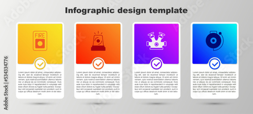 Set Fire alarm system, Flasher siren, hydrant and Ringing bell. Business infographic template. Vector
