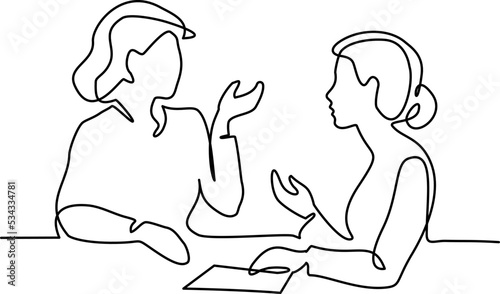 Business discussion of two women coworkers one line