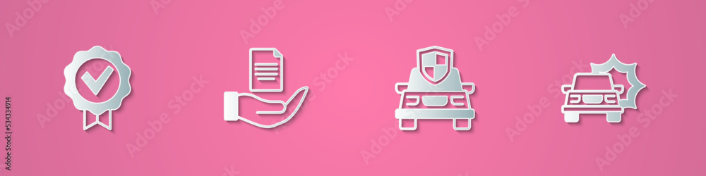 Set paper cut Approved and check mark, Contract in hand, Car insurance and accident icon. Paper art style. Vector Set paper cut Approved and check mark, Contract in hand, Car insurance and accident icon. Paper art style. Vector